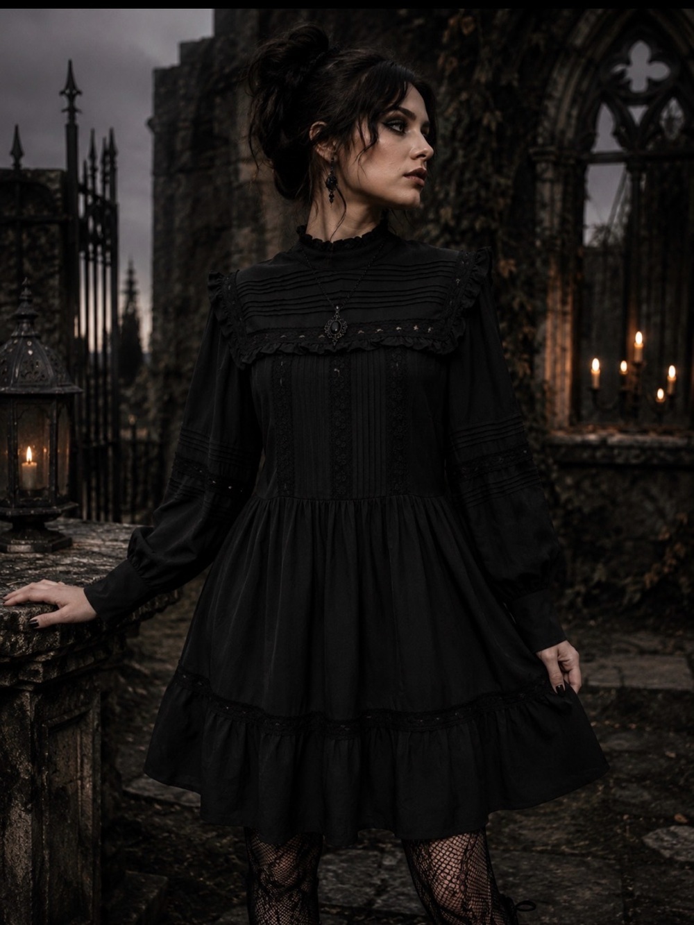 Topshop Black Long-Sleeve Lace Trim Pintuck Dress with zip up side. - Picture 1 of 12